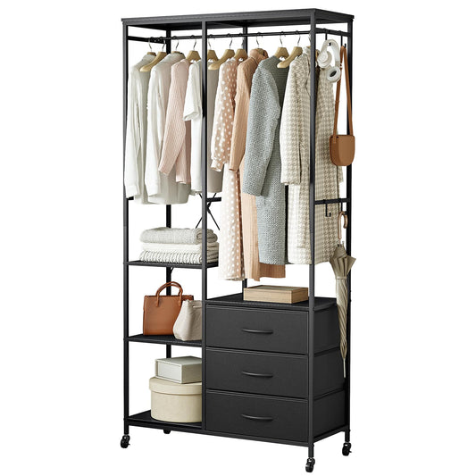 Ordnung Pro Freistehender Kleiderständer mit Rädern, Holzaufsatz & Stoffschubladen, Stahl, Schwarz