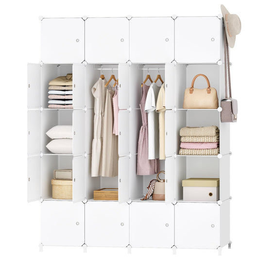 Ordnung Pro Modularer Kleiderschrank mit 20 Würfeln, Türen & Kleiderstange, Weiß – 145 x 46,5 x 183 cm