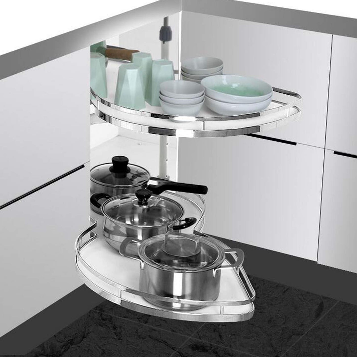 Ordnung Pro Ausziehbares Küchen-Eckkarussell mit Doppelregal für 900-mm-Schränke – Soft-Close, Weiß, Links