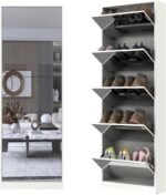 Ordnung Pro Schuhschrank mit 185 cm Ganzkörperspiegel, 30 Paar, 5 Flip-Schubladen, Weiß – Massivholz & Echtglas