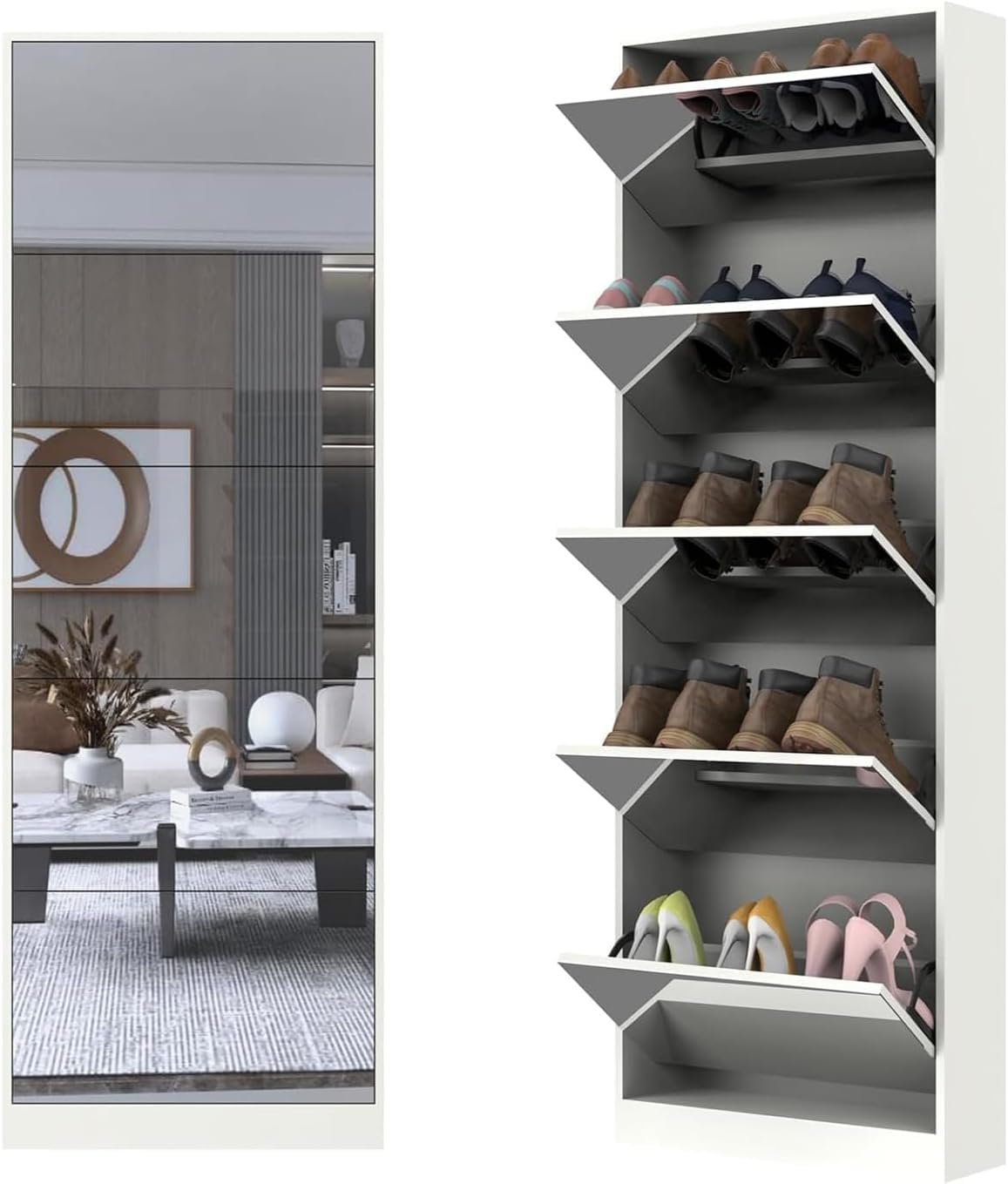 61vhZeb8CeL Ordnung Pro Schuhschrank mit 185 cm Ganzkörperspiegel, 30 Paar, 5 Flip-Schubladen, Weiß – Massivholz & Echtglas – Bild 1