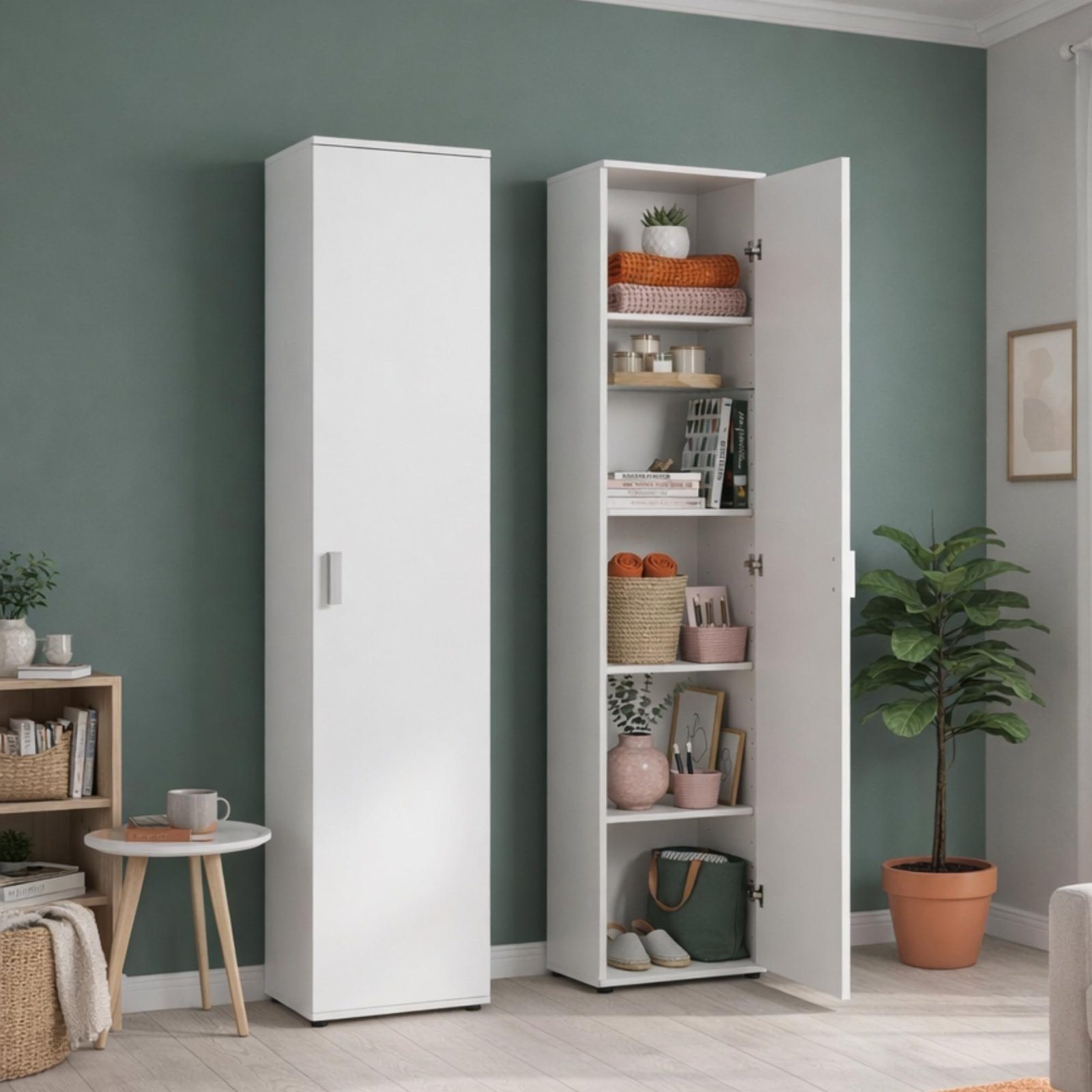 714MduyRHaL Ordnung Pro Schmaler Mehrzweckschrank 40 cm mit 1 Tür & 4 Einlegeböden, Weiß – 40 x 35 x 184 cm – Bild 1