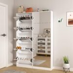 Ordnung Pro Schuhschrank mit 185 cm Ganzkörperspiegel, 30 Paar, 5 Flip-Schubladen, Weiß – Massivholz & Echtglas – Bild 7