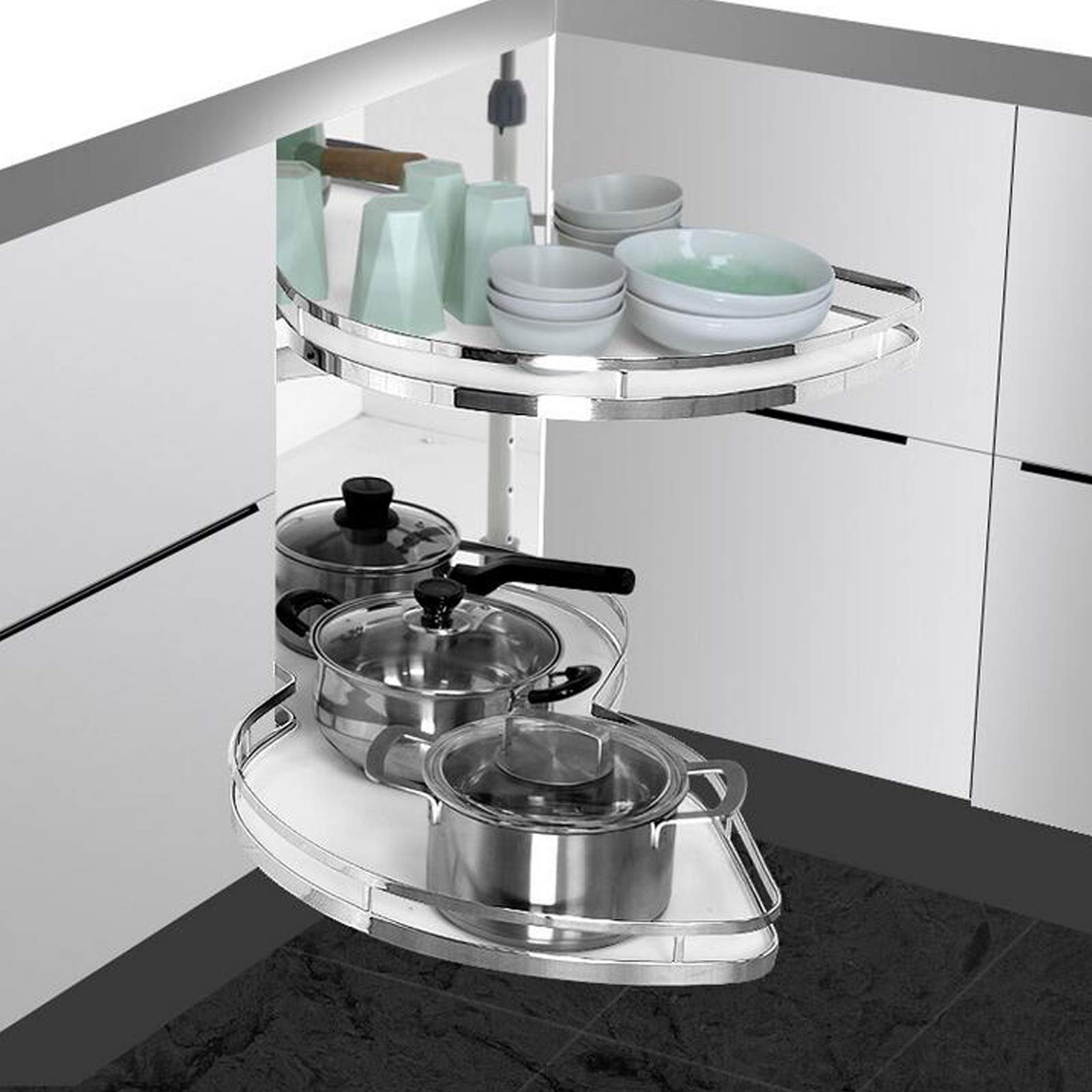 71revicOpjL Ordnung Pro Ausziehbares Küchen-Eckkarussell mit Doppelregal für 900-mm-Schränke – Soft-Close, Weiß, Links – Bild 1