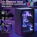 HCK 98L Getränkekühlschrank mit Cyberpunk RGB Beleuchtung, Minibar kleine Kühlschrank mit Glastür, lautlos 39dB, 0-15°C, Bierkühlschrank für Spielzimmer, Küche, Schwarz – Bild 6