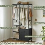 Ordnung Pro Freistehender Kleiderständer mit Rädern, Holzaufsatz & Stoffschubladen, Stahl, Schwarz – Bild 5